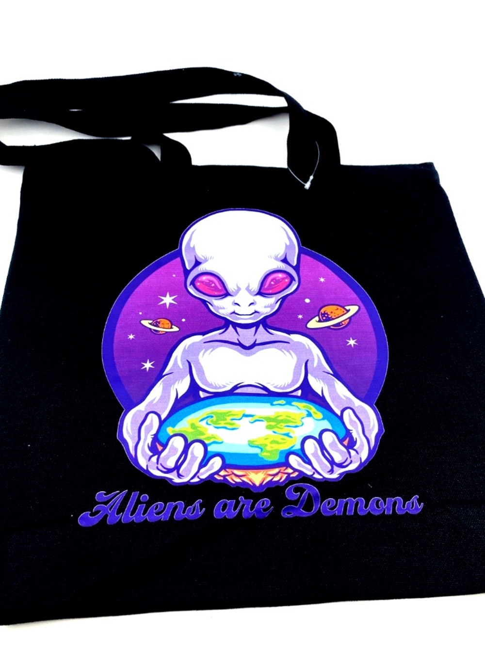 Alien Tote Bag Graphic Cotton Canvas Carry handle Black Flat Earth 13.5 x 13.5